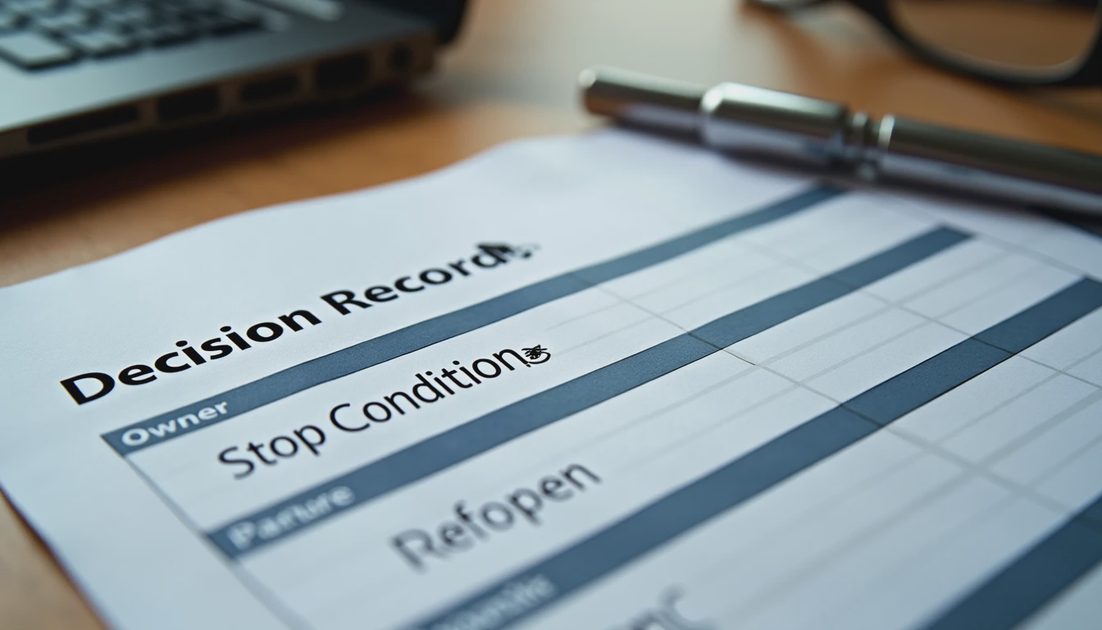 Clear stop conditions and ownership on AI decision record
